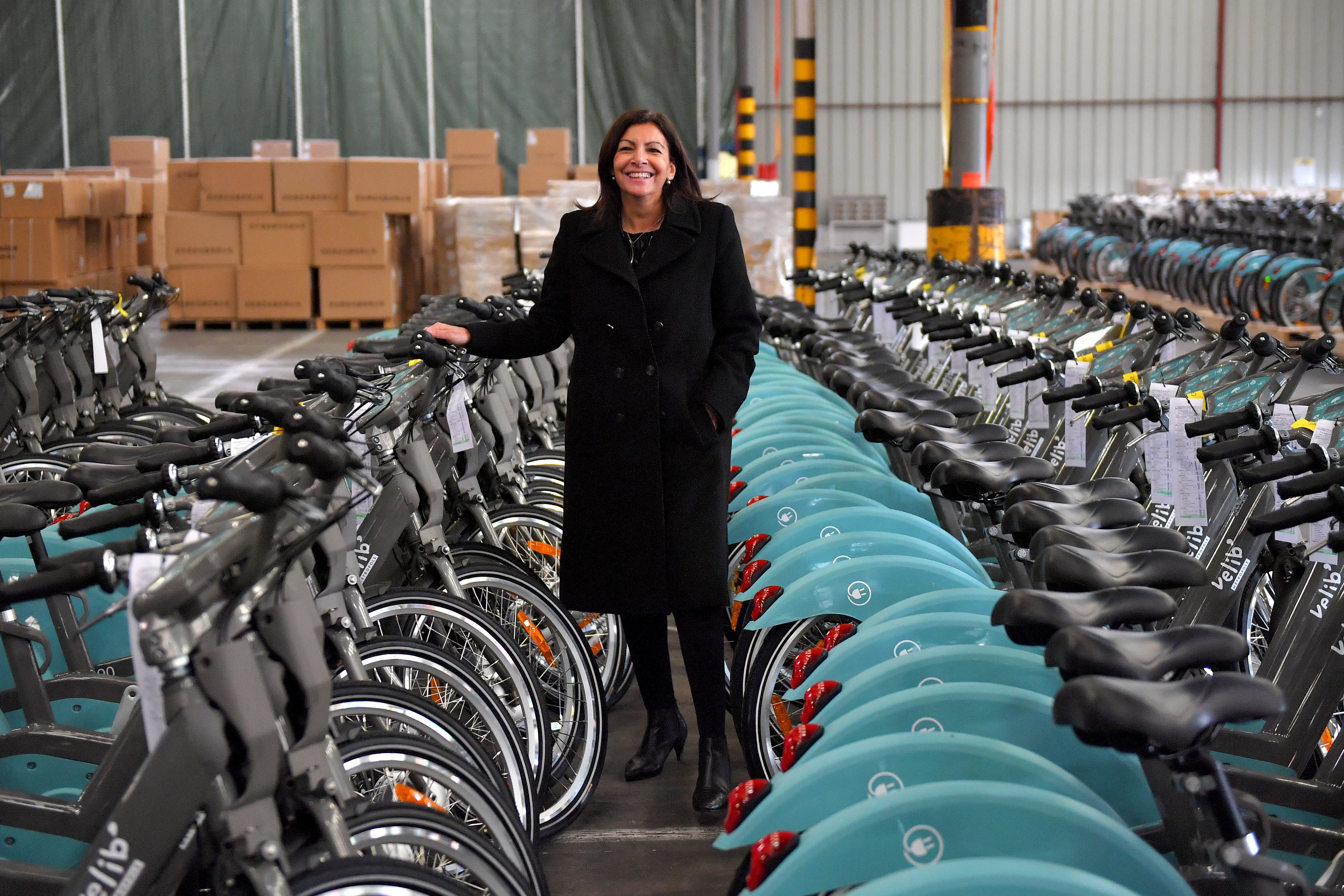 Paris Mayor Anne Hidalgo and Vélib' bikes